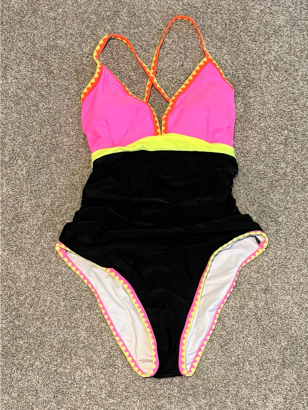 Neon Pink & Black One-Piece Swimsuit with Yellow Trim
